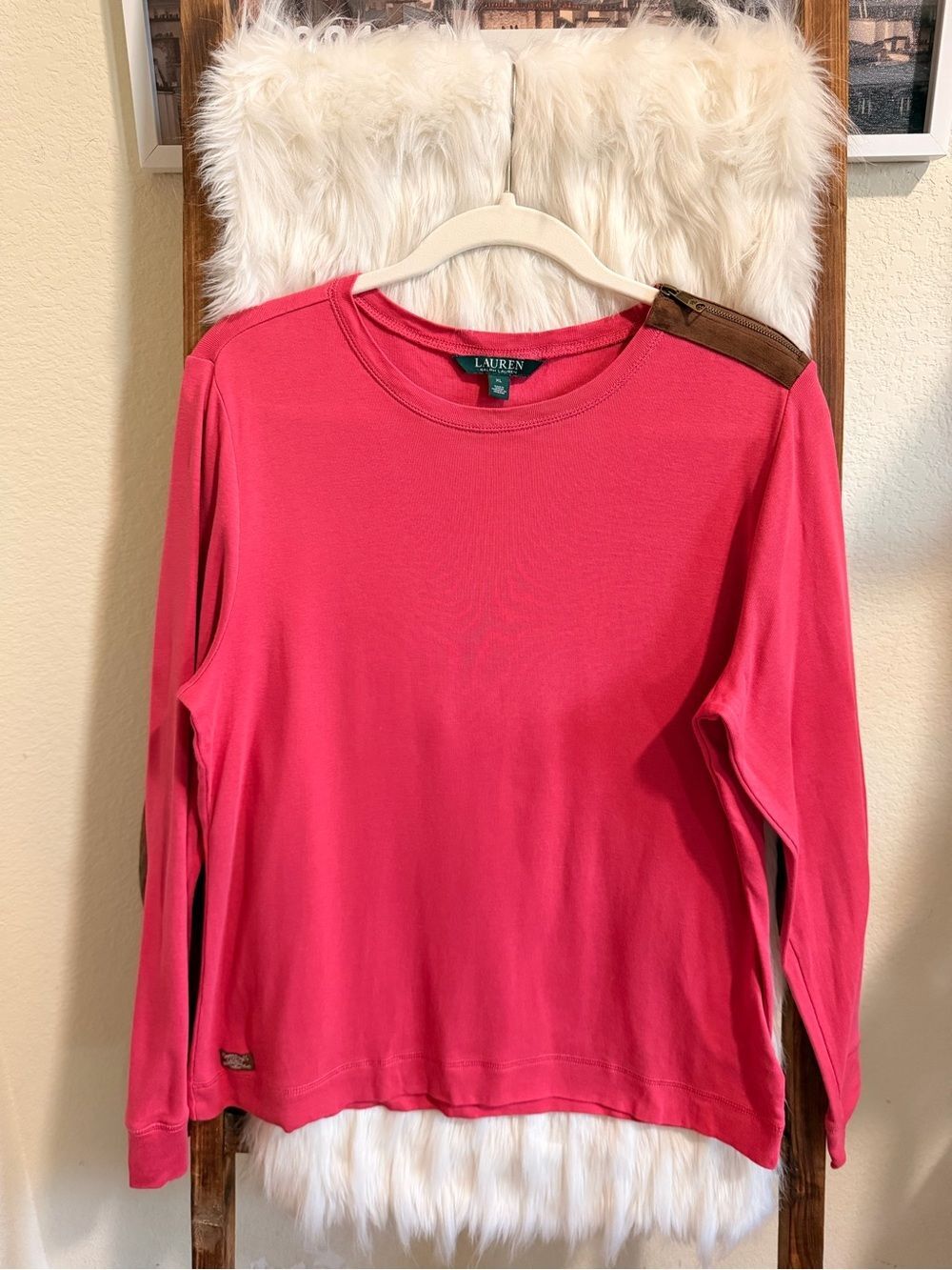 Lauren Ralph Lauren XL Pink Crewneck Sweatshirt Suede Elbow Patches